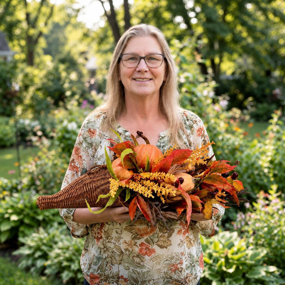 Thanksgiving Cornucopia Home Decoration | Rustic Harvest Style | Fall Table Centerpiece | Woven Wicker Basket | Pumpkins Leaves Berries