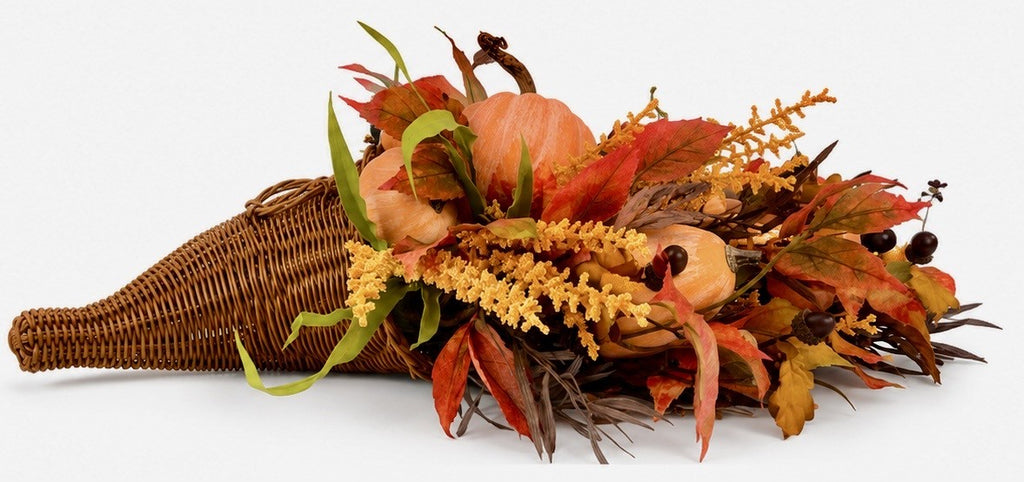 Thanksgiving Cornucopia Home Decoration | Rustic Harvest Style | Fall Table Centerpiece | Woven Wicker Basket | Pumpkins Leaves Berries