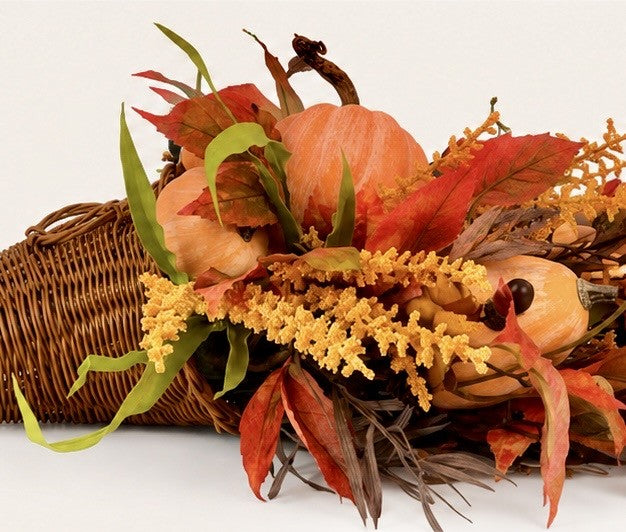 Thanksgiving Cornucopia Home Decoration | Rustic Harvest Style | Fall Table Centerpiece | Woven Wicker Basket | Pumpkins Leaves Berries