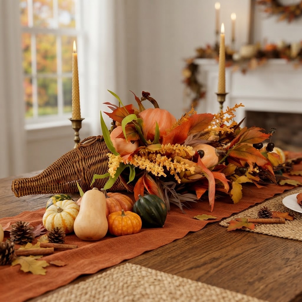 Thanksgiving Cornucopia Home Decoration | Rustic Harvest Style | Fall Table Centerpiece | Woven Wicker Basket | Pumpkins Leaves Berries