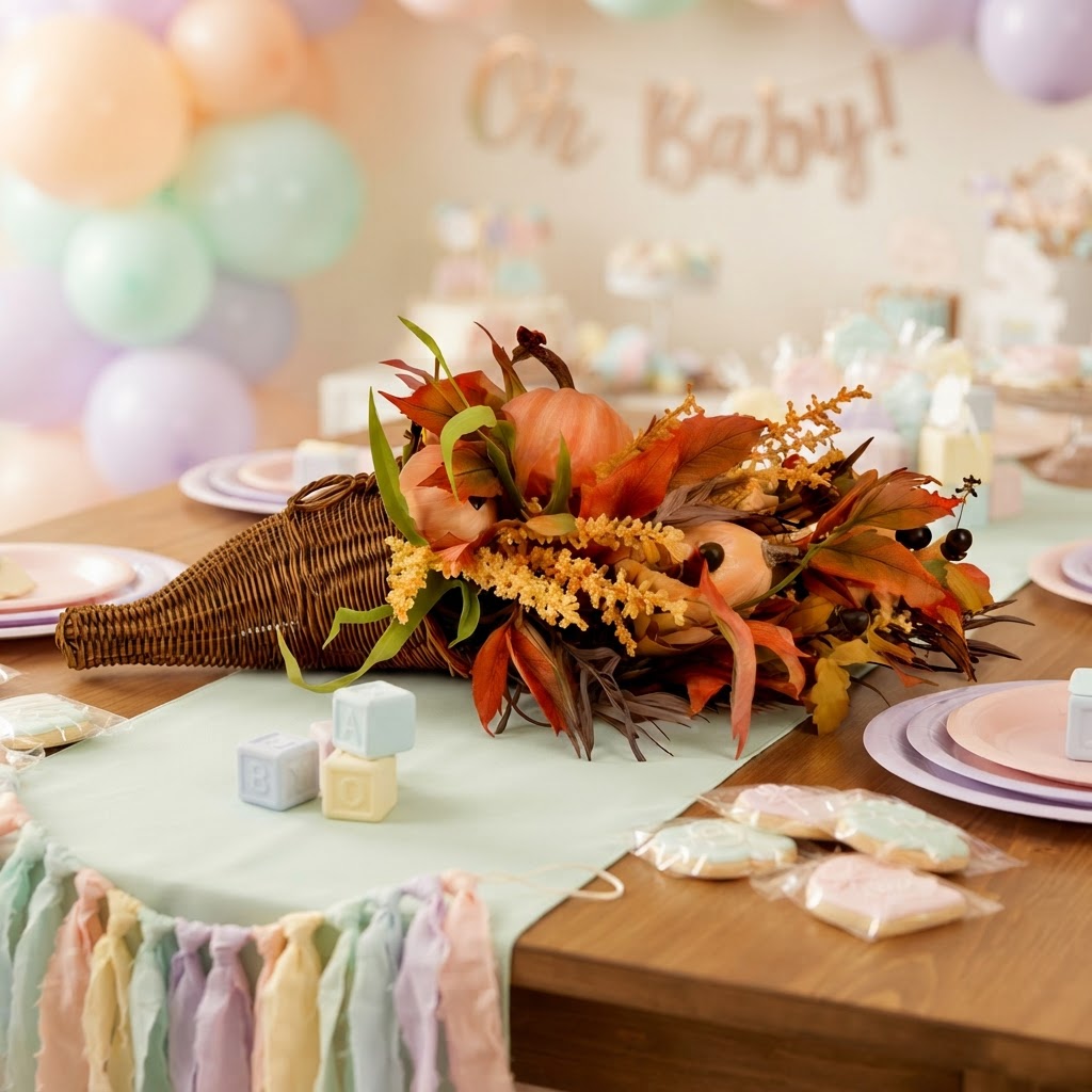 Thanksgiving Cornucopia Home Decoration | Rustic Harvest Style | Fall Table Centerpiece | Woven Wicker Basket | Pumpkins Leaves Berries