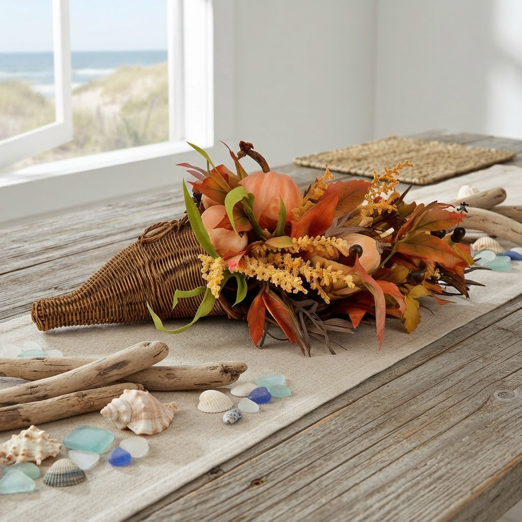 Thanksgiving Cornucopia Home Decoration | Rustic Harvest Style | Fall Table Centerpiece | Woven Wicker Basket | Pumpkins Leaves Berries
