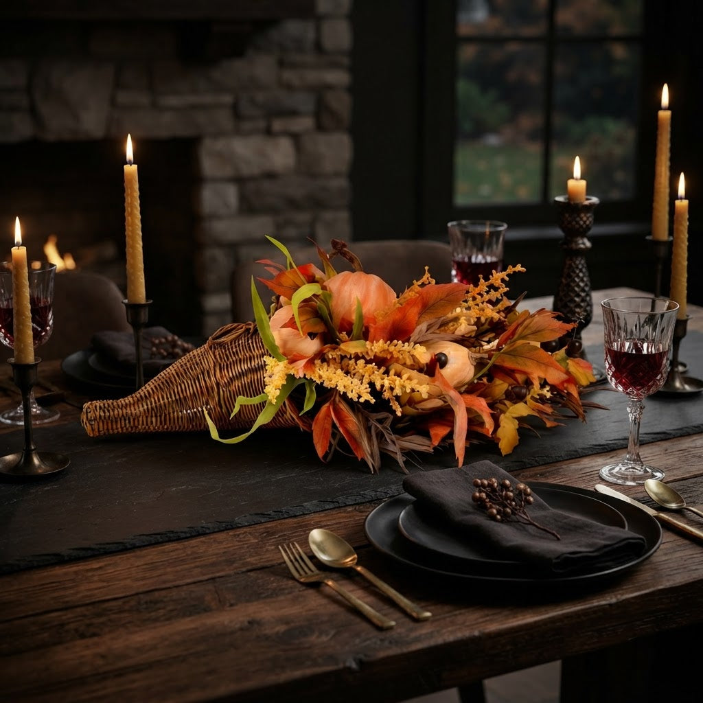 Thanksgiving Cornucopia Home Decoration | Rustic Harvest Style | Fall Table Centerpiece | Woven Wicker Basket | Pumpkins Leaves Berries