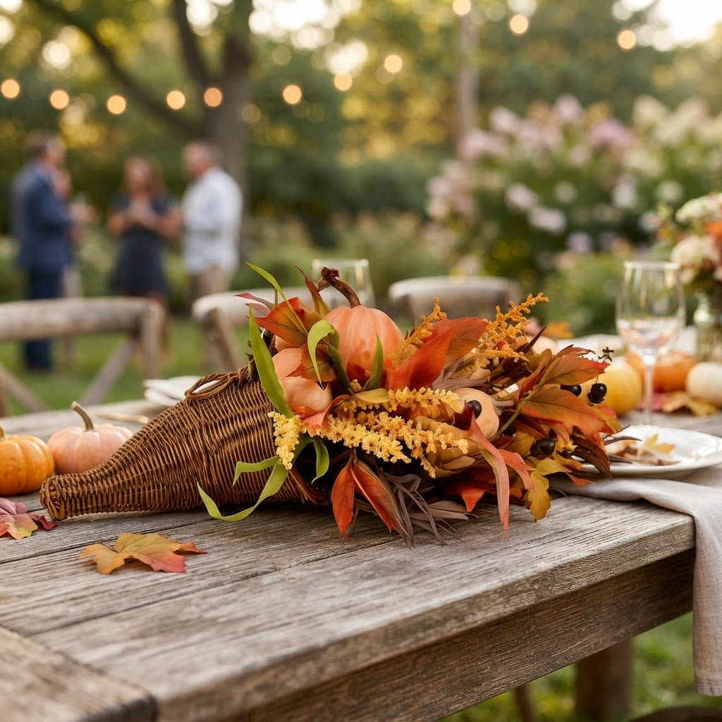 Thanksgiving Cornucopia Home Decoration | Rustic Harvest Style | Fall Table Centerpiece | Woven Wicker Basket | Pumpkins Leaves Berries
