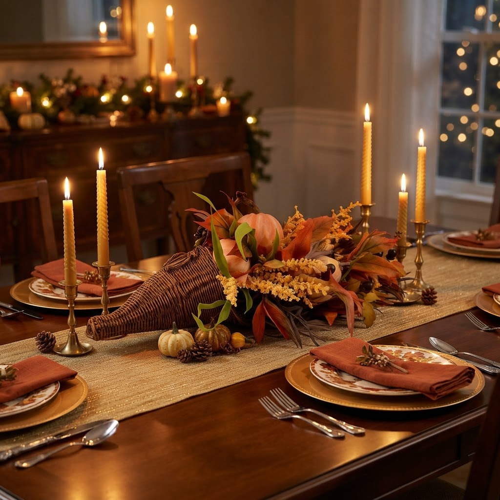 Thanksgiving Cornucopia Home Decoration | Rustic Harvest Style | Fall Table Centerpiece | Woven Wicker Basket | Pumpkins Leaves Berries