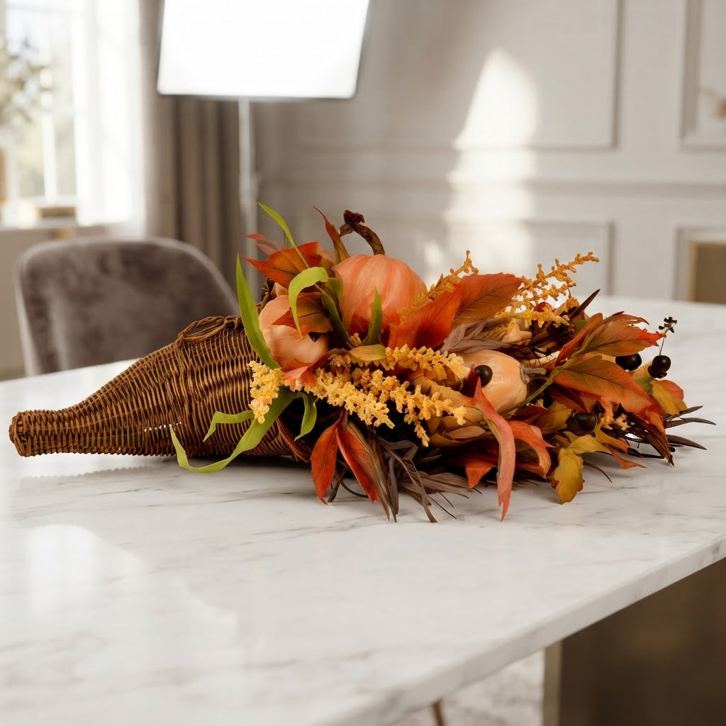 Thanksgiving Cornucopia Home Decoration | Rustic Harvest Style | Fall Table Centerpiece | Woven Wicker Basket | Pumpkins Leaves Berries