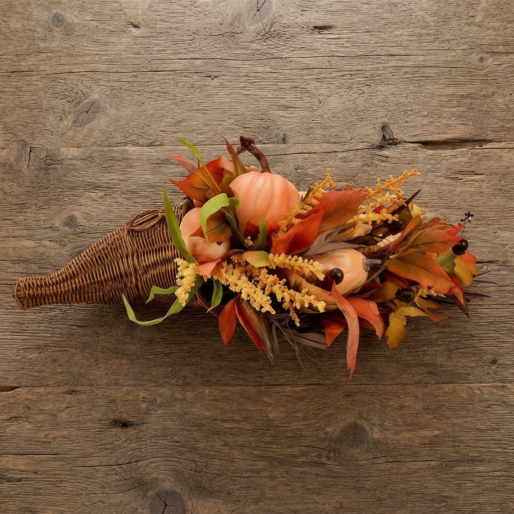 Thanksgiving Cornucopia Home Decoration | Rustic Harvest Style | Fall Table Centerpiece | Woven Wicker Basket | Pumpkins Leaves Berries